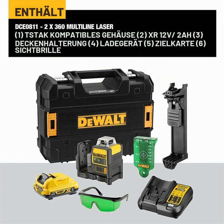 Dewalt 10,8 Volt 2x360° Linienlaser, Grün DCE0811D1G (Selbstnivellierend, horizontal &amp; vertikal, ink