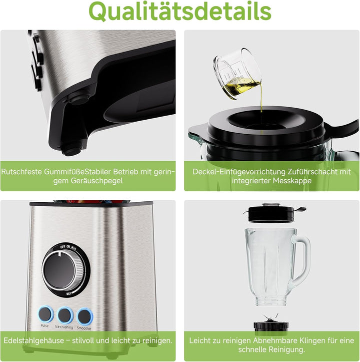 Biolomix 3-in-1-Mixer und Smoothie-Maker 1300-W-Standmixer mit 1,5-l-Glasbehälter 3 Geschwindigkeits
