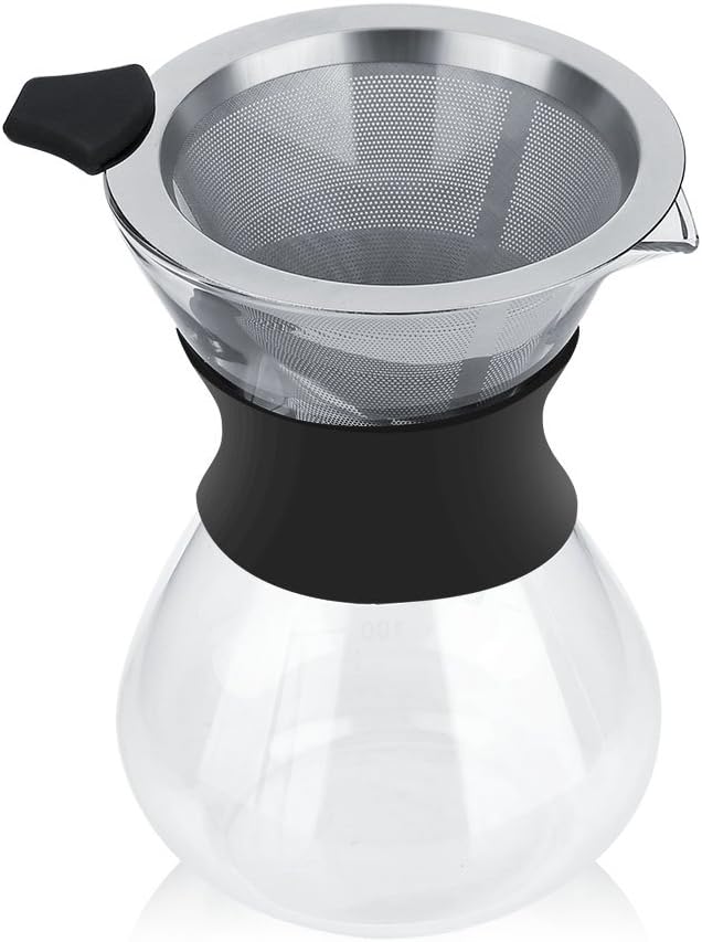Kaffeekanne aus Glas, 400ml Pour Over Kaffeebereiter mit Edelstahl Filter, Wiederverwendbar Manuell