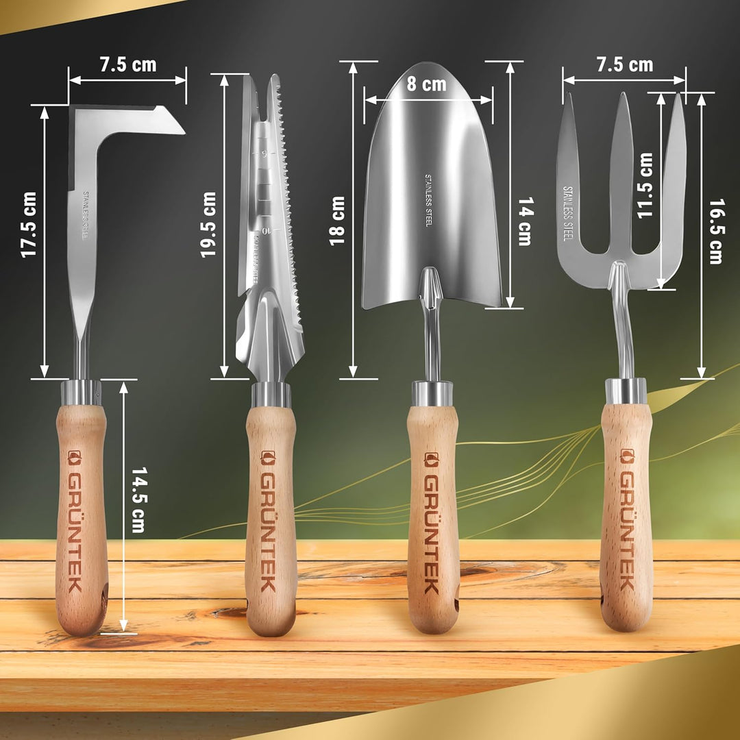 GRÜNTEK 4-TLG Gartenwerkzeug-Set, Premium Gartengeräte, besonders Stabiler Edelstahl, Rutschfester E