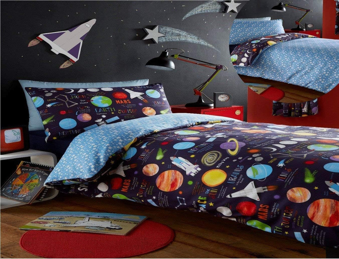 Kidz Club Bettbezug für Einzelbett und EIN Kissenbezug, Planetenmotiv, Schwarz, PPLAD1, Dunkelblau,