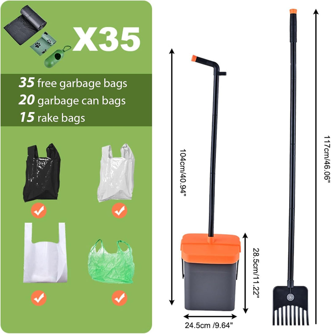 Hundekotschaufel, 117cm Kotschaufel mit Schwenkbehälter und Rechen für Grosse, Mit 35 Abfallbeuteln,