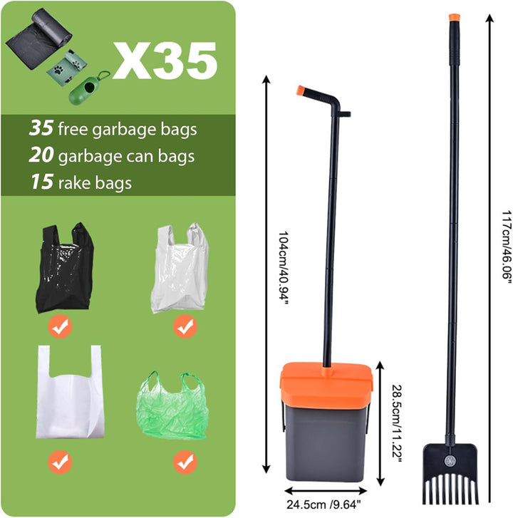 Hundekotschaufel, 117cm Kotschaufel mit Schwenkbehälter und Rechen für Grosse, Mit 35 Abfallbeuteln,