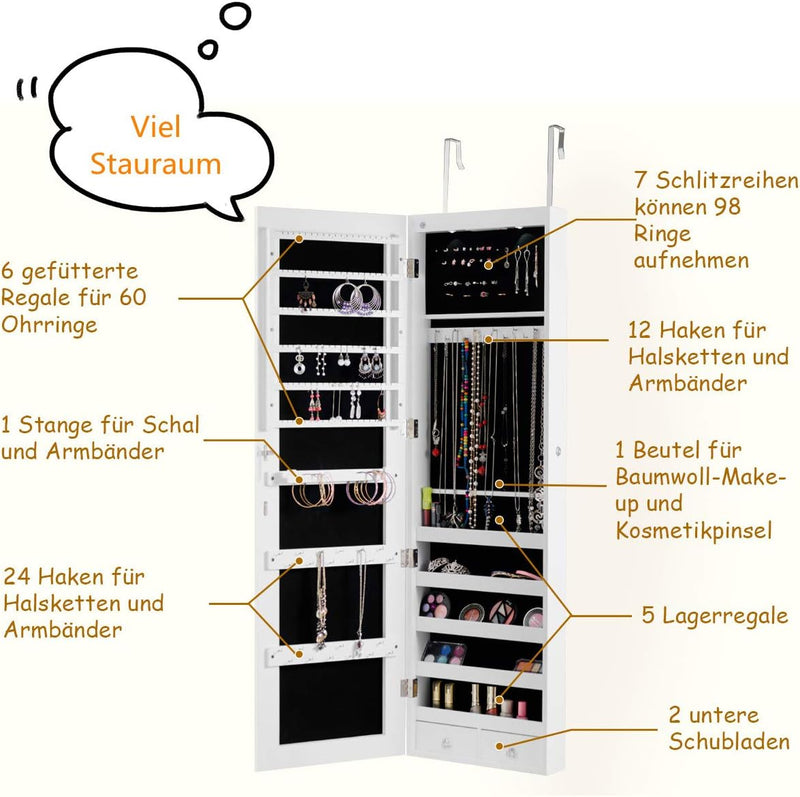 RELAX4LIFE Schmuckschrank, Schmuckregal mit LED-Beleuchtung & Spiegel & Schloss, Schmuckorganizer fü