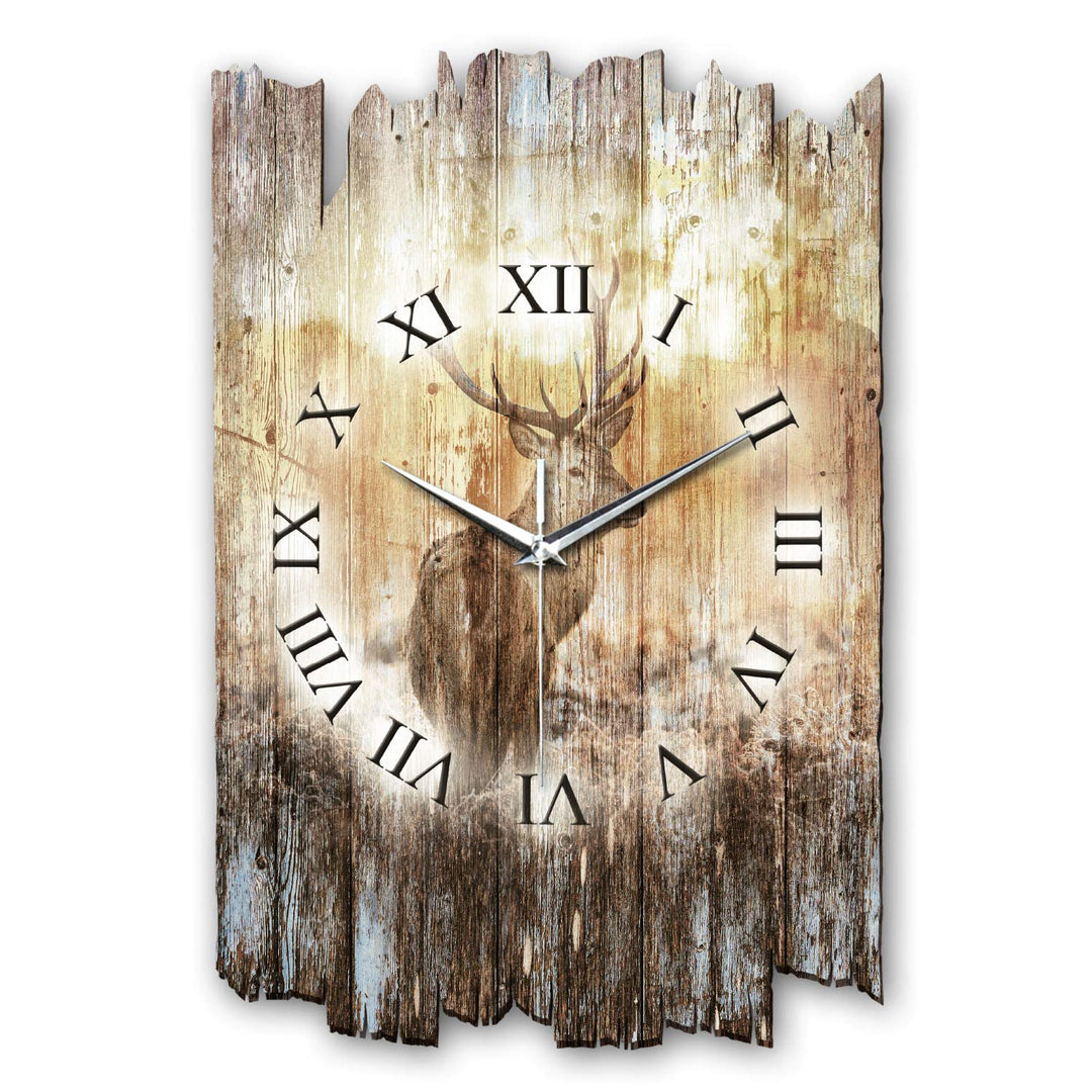 Kreative Feder Hirsch Shabby Style Designer Wanduhr Funkuhr aus Holz *Made in Germany leise ohne Tic