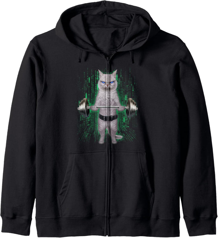 Weisse Katze, die Gewichte im Cyber-Fitnessstudio hebt Kapuzenjacke