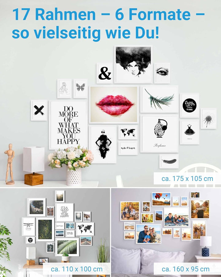 PHOTOLINI weisse Bilderrahmen Set verschiedene Grössen, 17 Bilderrahmen weiss Holz MDF, Bilder Rahme
