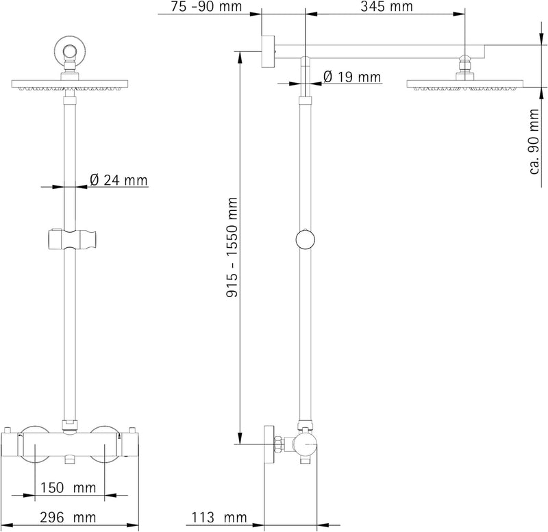 Schulte Duschsystem mit Sicherheits-Thermostat, Kopfbrause rund, Chrom, Korpus aus Messing, Duschmas