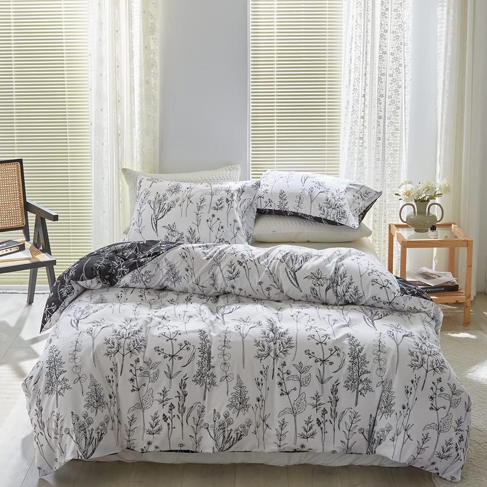 Damier Bettwäsche 135x200 Weiss Schwarz Blumen Blätter Motiv Wende Bettwäsche Weich Kuschelig Bettbe