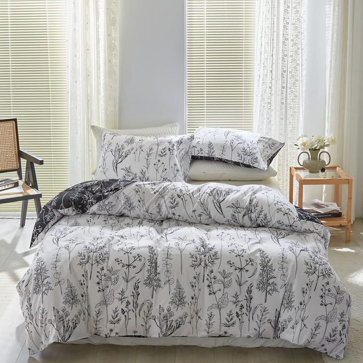 Damier Bettwäsche 135x200 Weiss Schwarz Blumen Blätter Motiv Wende Bettwäsche Weich Kuschelig Bettbe