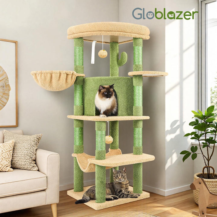 Globlazer Kratzbaum Ecke Kaktus Grün, Eckkratzbaum Stabil hoch 130 cm mit Gross Katzenhaus Sektor Ge