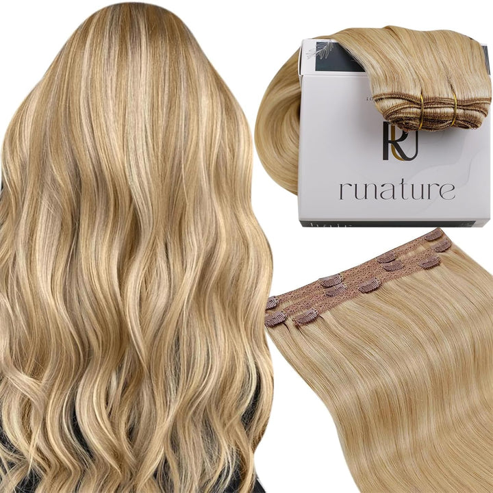 RUNATURE Clip in Extensions Echthaar Goldblond mit Hellblond Haarverlangerung Echthaar Clip in Glatt