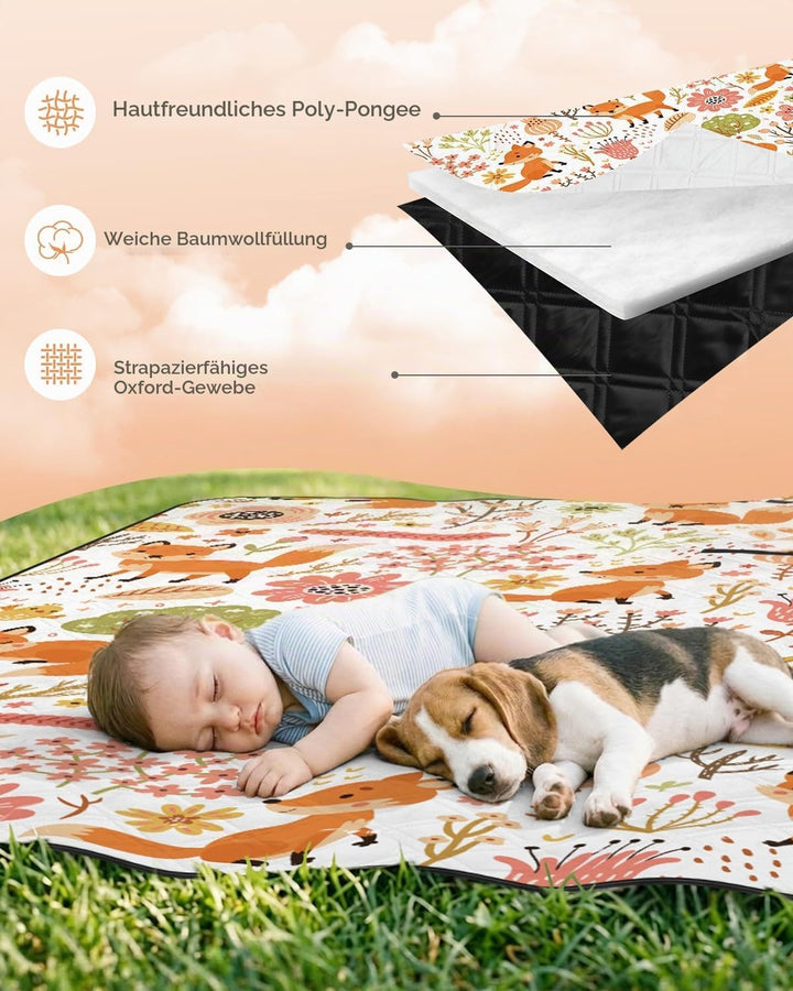 Kinder Picknickdecke Wasserdicht Faltbar, 200x200cm Tragbare Strandmatte Tier Maschine Waschbar, Gro