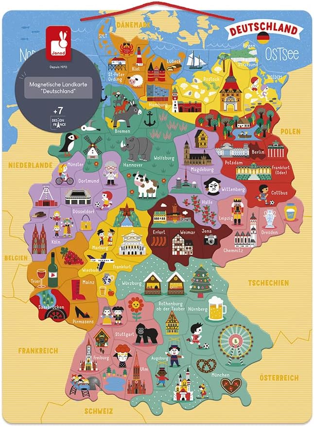 Janod Deutschlandkarte, magnetisch, Puzzle für Kinder aus Holz, 79 magnetische Teile, Entdecken und