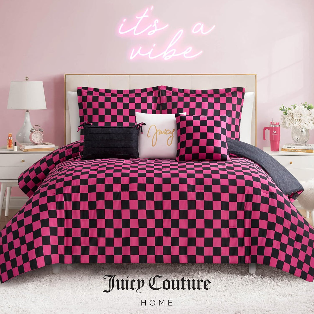 Juicy Couture-Wende-Steppdecken-Set, Schachbrettmuster, 6-teilig, Doppelbett-/Queen-Size-Bett-Set, S
