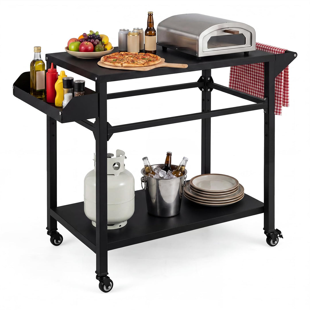 COSTWAY Grillwagen Outdoor, Grilltisch auf Rollen, Pizzatisch mit 2 Ablagen, Griff & Gewürzregal, Se