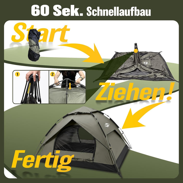Zelt 2/3/4 Personen Campingzelt Pop Up - 40s Automatik Schnellaufbau 2-4 Mann Zelte Wasserdicht 3500