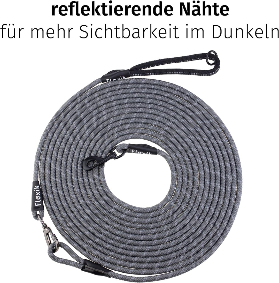 Floxik Schleppleine für Hunde | 5m, 10m, 15m, 20m grau | reflektierende Tauleine mit Abnehmbarer Han
