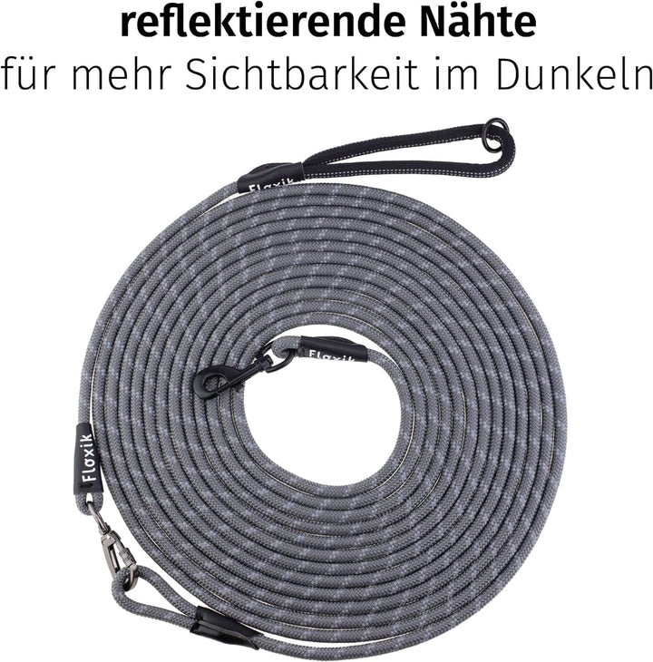 Floxik Schleppleine für Hunde | 5m, 10m, 15m, 20m grau | reflektierende Tauleine mit Abnehmbarer Han