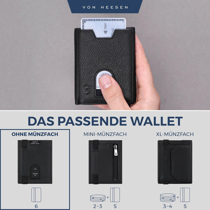 VON HEESEN Leder Slim Wallet - Geldbeutel mit RFID Schutz - Mini Geldbörse für Herren und Damen - Ka
