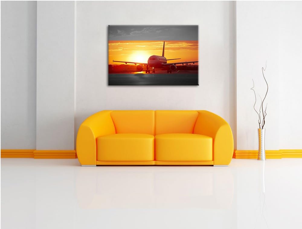 Pixxprint Flugzeug im Sonnenuntergang 100x70cm Leinwandbild Wandbild Kunstdruck, 100x70