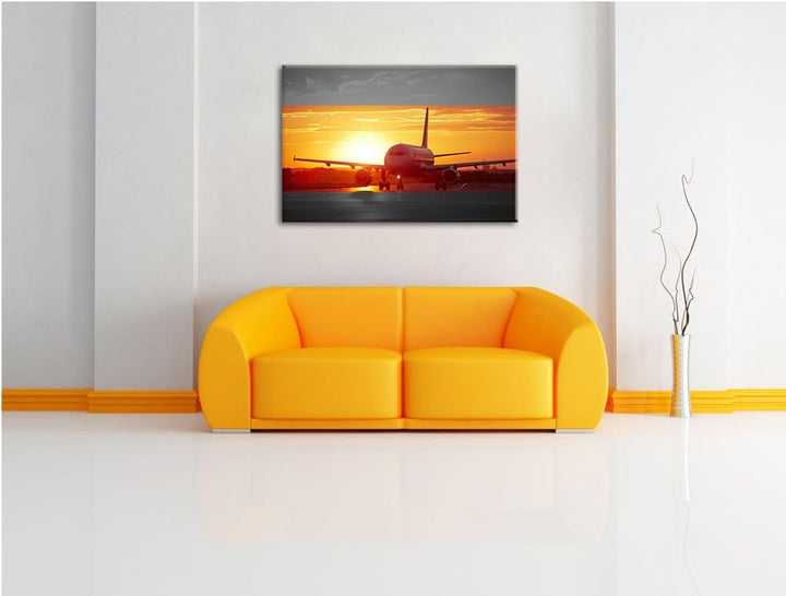 Pixxprint Flugzeug im Sonnenuntergang 100x70cm Leinwandbild Wandbild Kunstdruck, 100x70