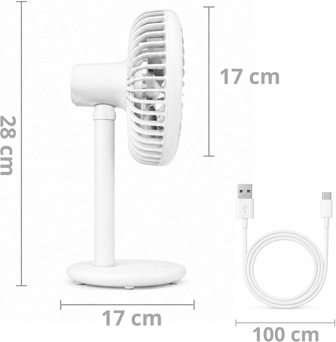 Tischventilator sehr leise - Akku USB Ventilator 4000mAh, Ø 16,5cm, bürstenloser 7-Flügel Mini Lüfte