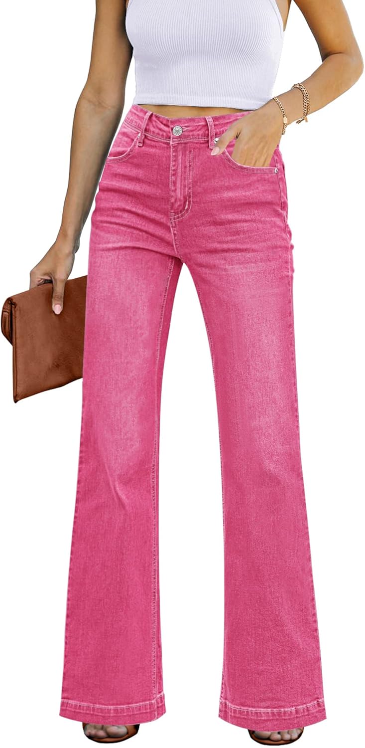 Schlaghose Damen High Waist Wide Leg Baggy Jeans Stretch Hosen M Heisses Rosa, M Heißes Rosa