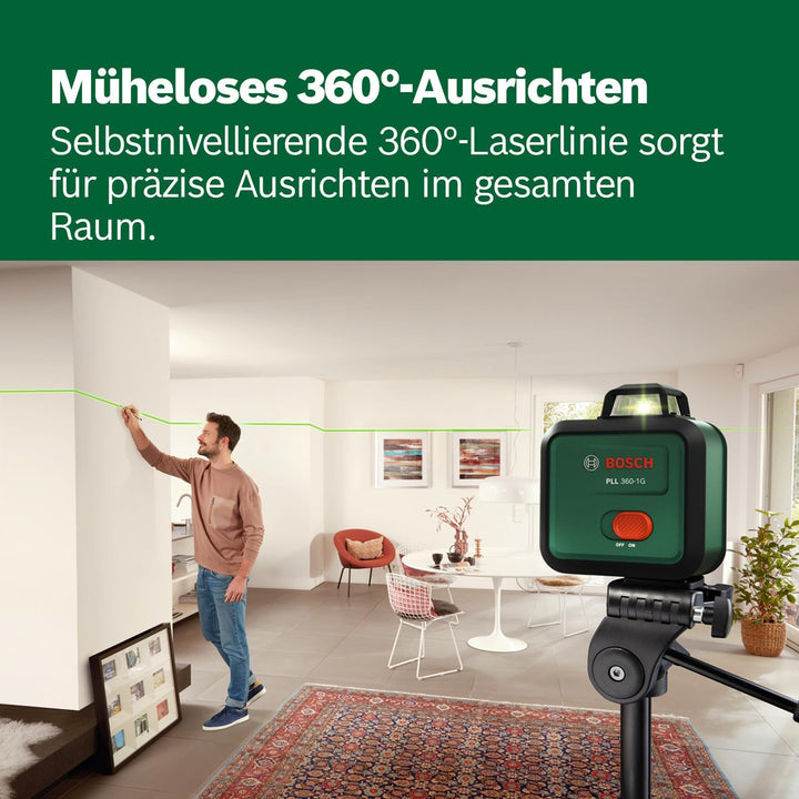 Bosch Linienlaser PLL 360-1G (360° grüner Laser, selbstnivellierend, ±0,4 mm/m Genauigkeit, integrie