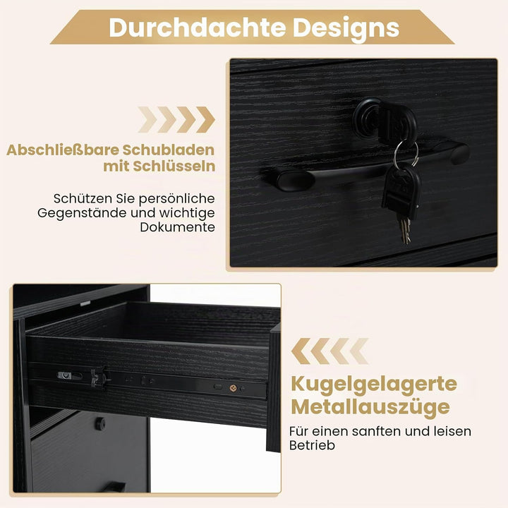 GIANTEX Rollcontainer, mobiler Aktenschrank mit 4 Schubladen, abschliessbarer Büroschrank mit Rollen
