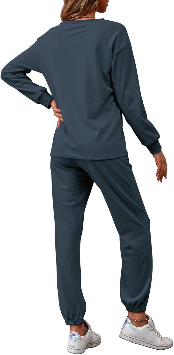 REORIA Damen Tracksuit Langarm Rundhalsausschnitt Einfarbig Zweiteiler Outfit Hoodie Jogger Training