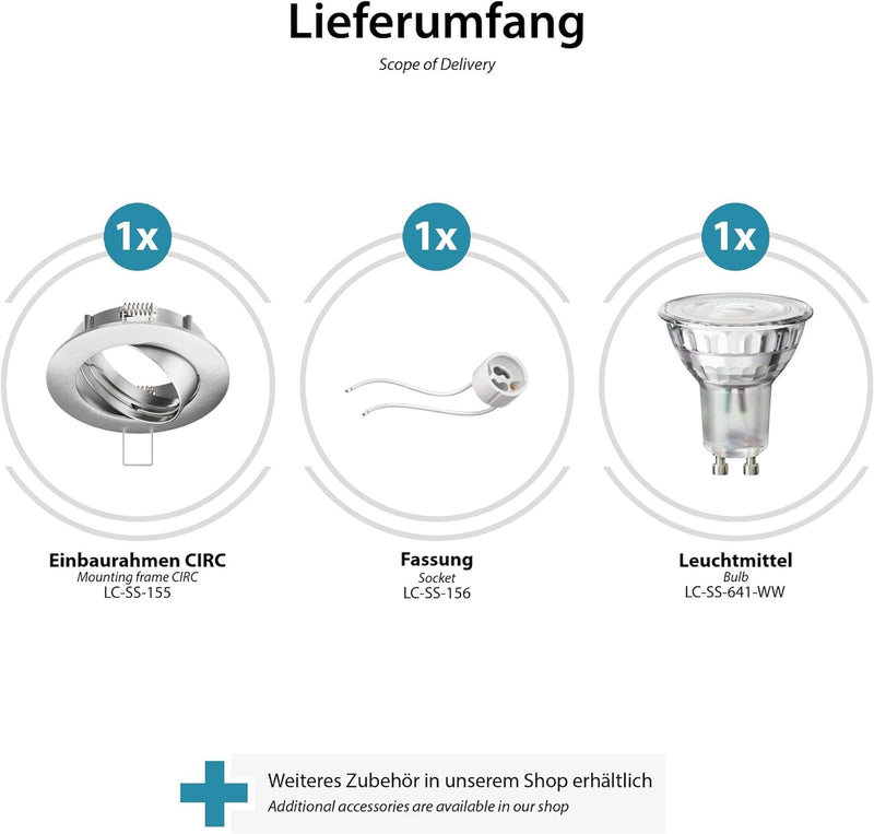 ledscom.de LED Decken-Einbauspot CIRC schwenkbar chrom matt GU10 LED Lampe je 510lm 50° warmweiss, 1