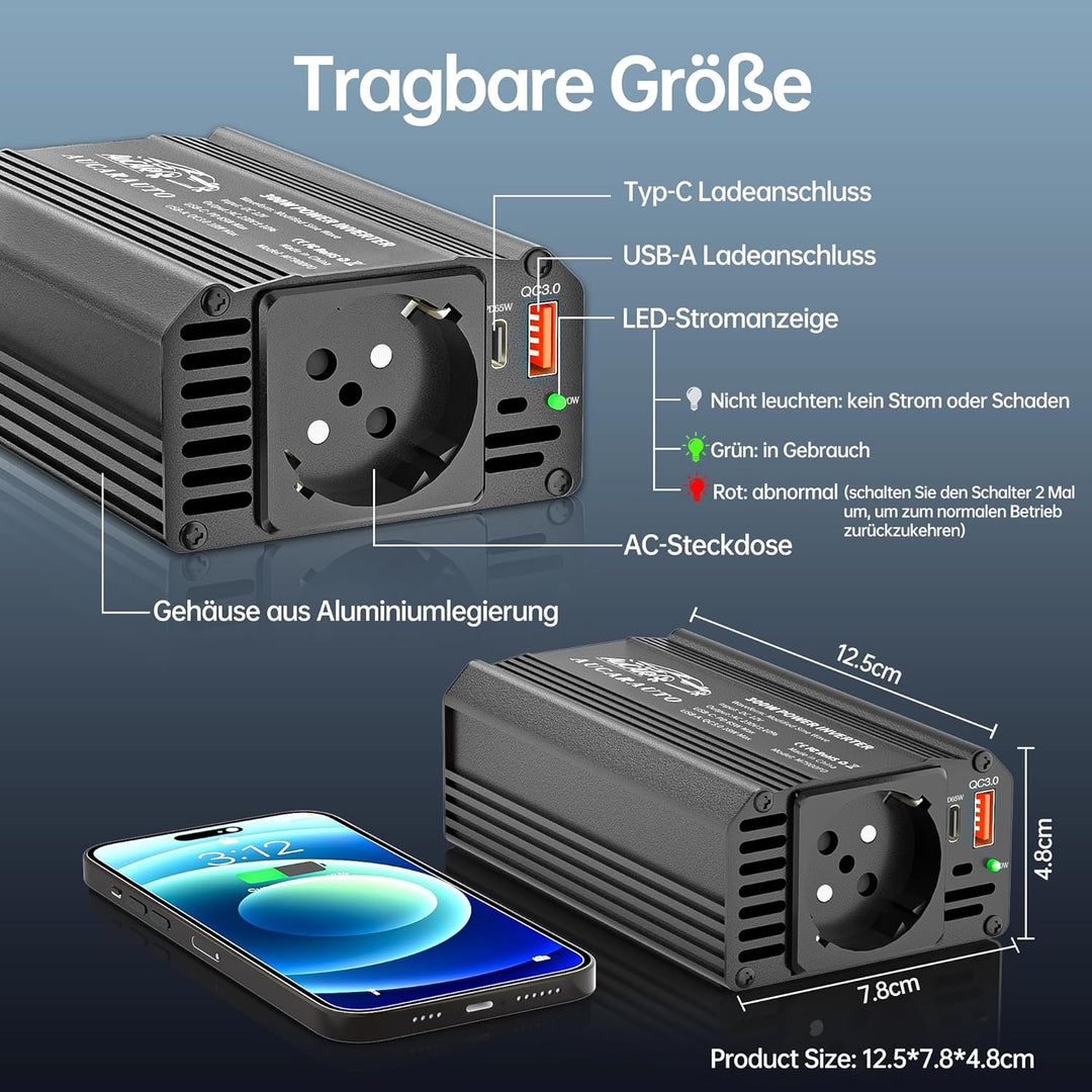 Upgrade 300W Spannungswandler, Wechselrichter 12V auf 230V Stromumwandler mit PD 65W & QC3.0 18W USB