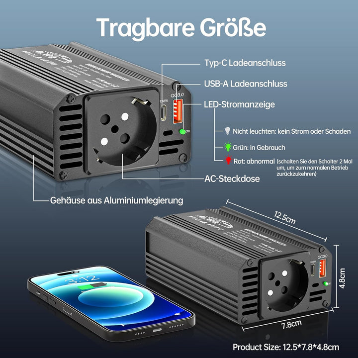Upgrade 300W Spannungswandler, Wechselrichter 12V auf 230V Stromumwandler mit PD 65W & QC3.0 18W USB