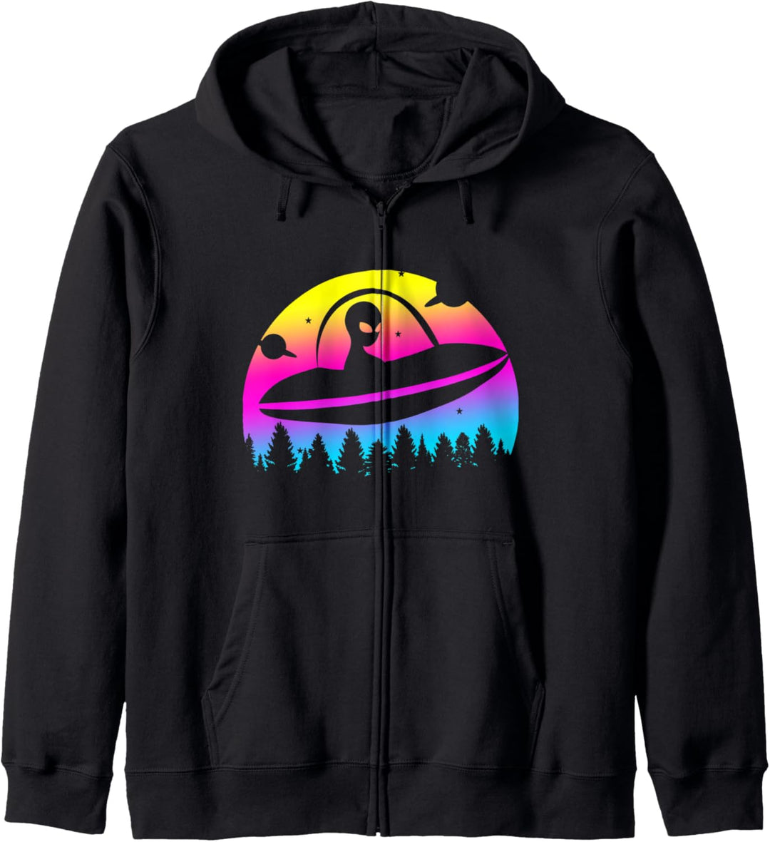 Alien Raumschiff UFO UAP Buntes Retro Sonnenuntergang Design Kapuzenjacke