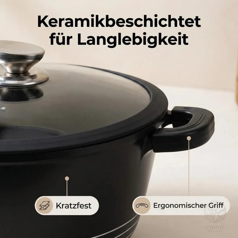 Keramik-Kochtopf mit Glasdeckel, induktionsgeeigneter Antihaft-Kochtopf, kratzfeste Keramikbeschicht