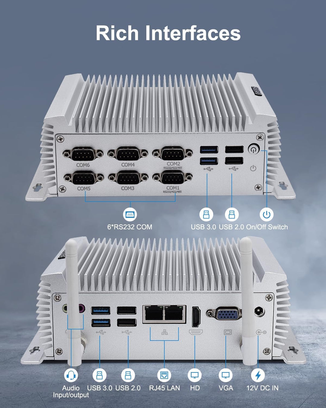 BASOARO Industrie Mini PC Windows 10, lüfterloser Desktop PC, Core i7 4500U, 8GB RAM 256GB SSD, 2 Gi