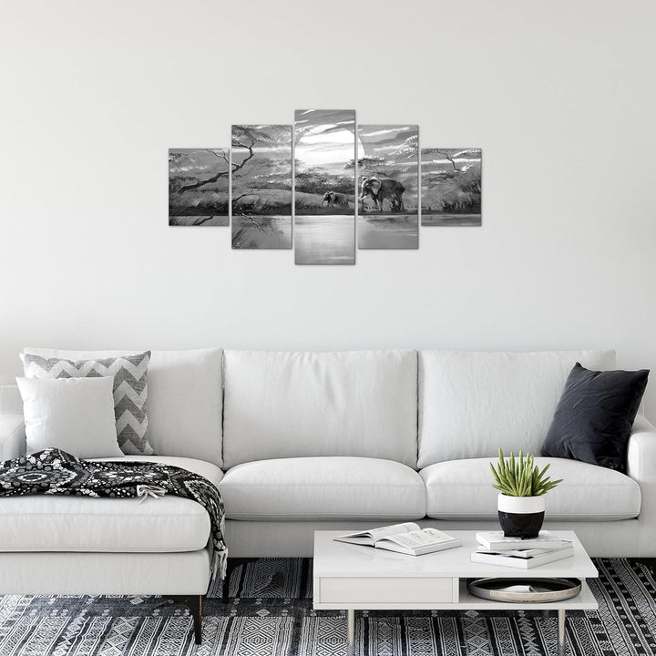 Runa Art Wandbilder Afrika Elefant 5 Teilig Bild auf Vlies Leinwand Deko Wohnzimmer Schlafzimmer Gra