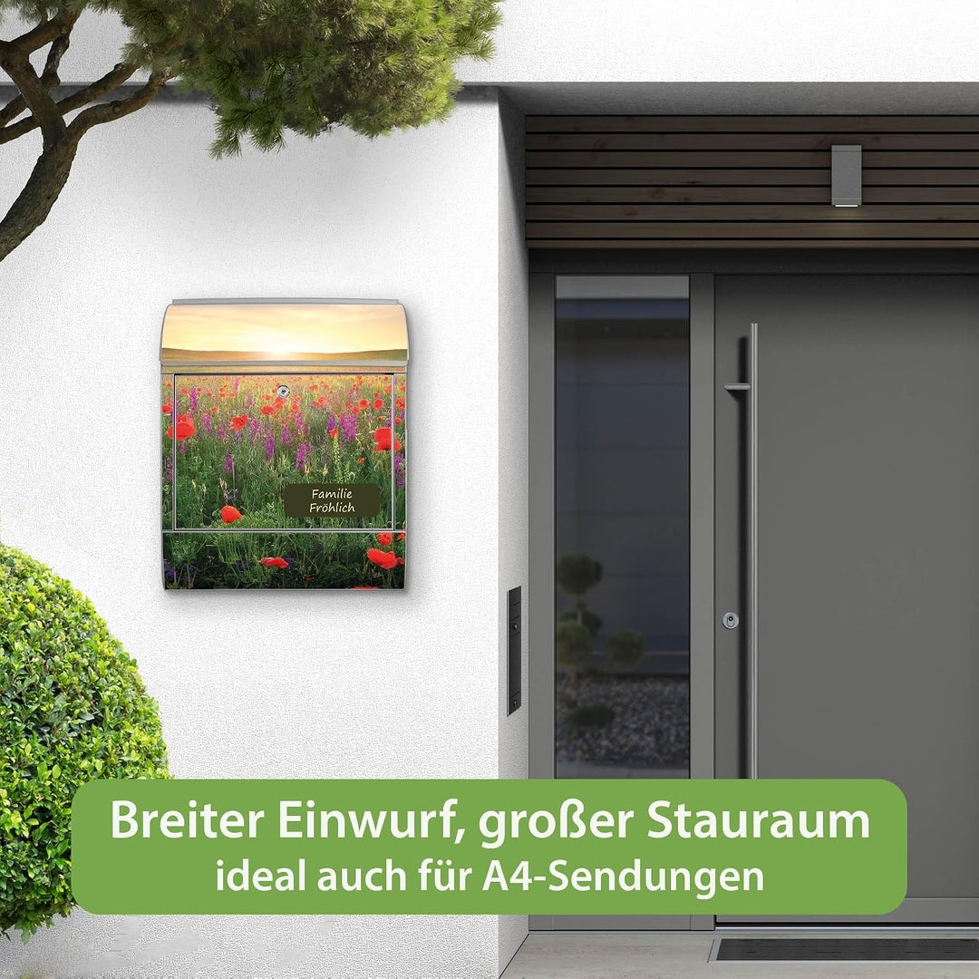 banjado Design Briefkasten personalisiert 38,5x46,5x13cm &amp; 2 Schlüssel - Briefkasten Stahl Silber Ze