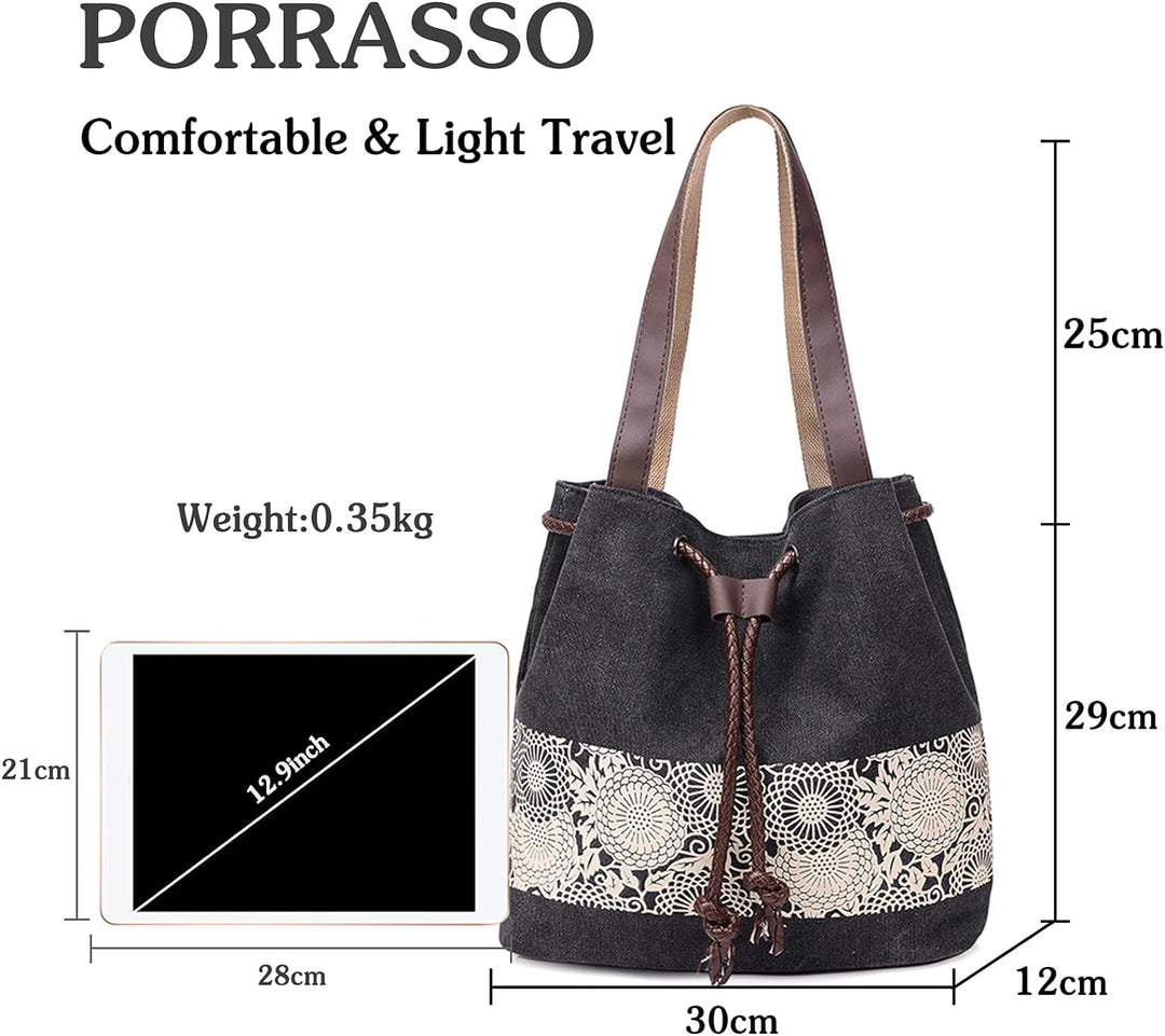 PORRASSO Damen Schultertasche Canvas Tote Umhängentasche Retro Kordelzug Beuteltasche Frauen Shopper