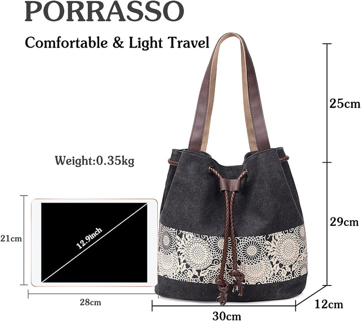 PORRASSO Damen Schultertasche Canvas Tote Umhängentasche Retro Kordelzug Beuteltasche Frauen Shopper