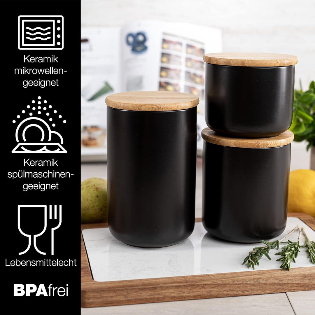 Moritz & Moritz 3 Vorratsdosen Schwarz 400-900 ml - Beschreibbar – 3x Dose Keramik mit Deckel aus Ba