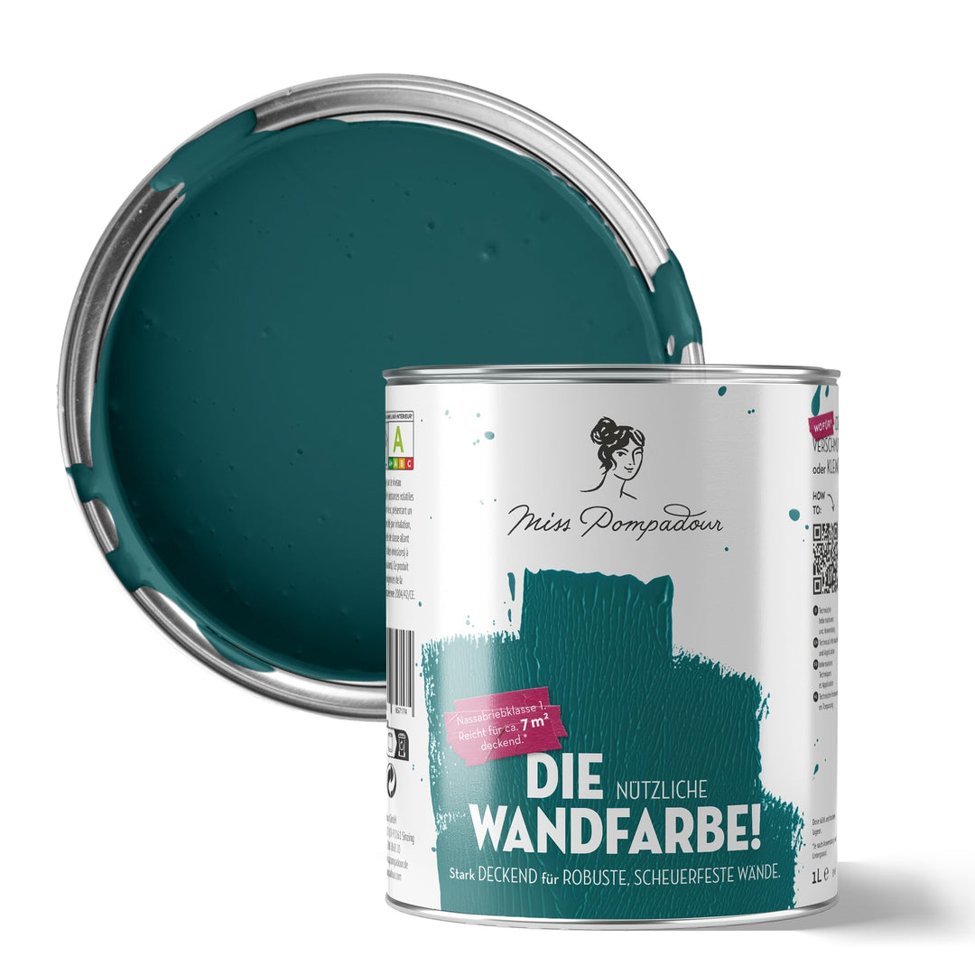 MissPompadour abwaschbare Wandfarbe Grün mit Petrol 1L - hohe Deckkraft &amp; Ergiebigkeit - matte, sche