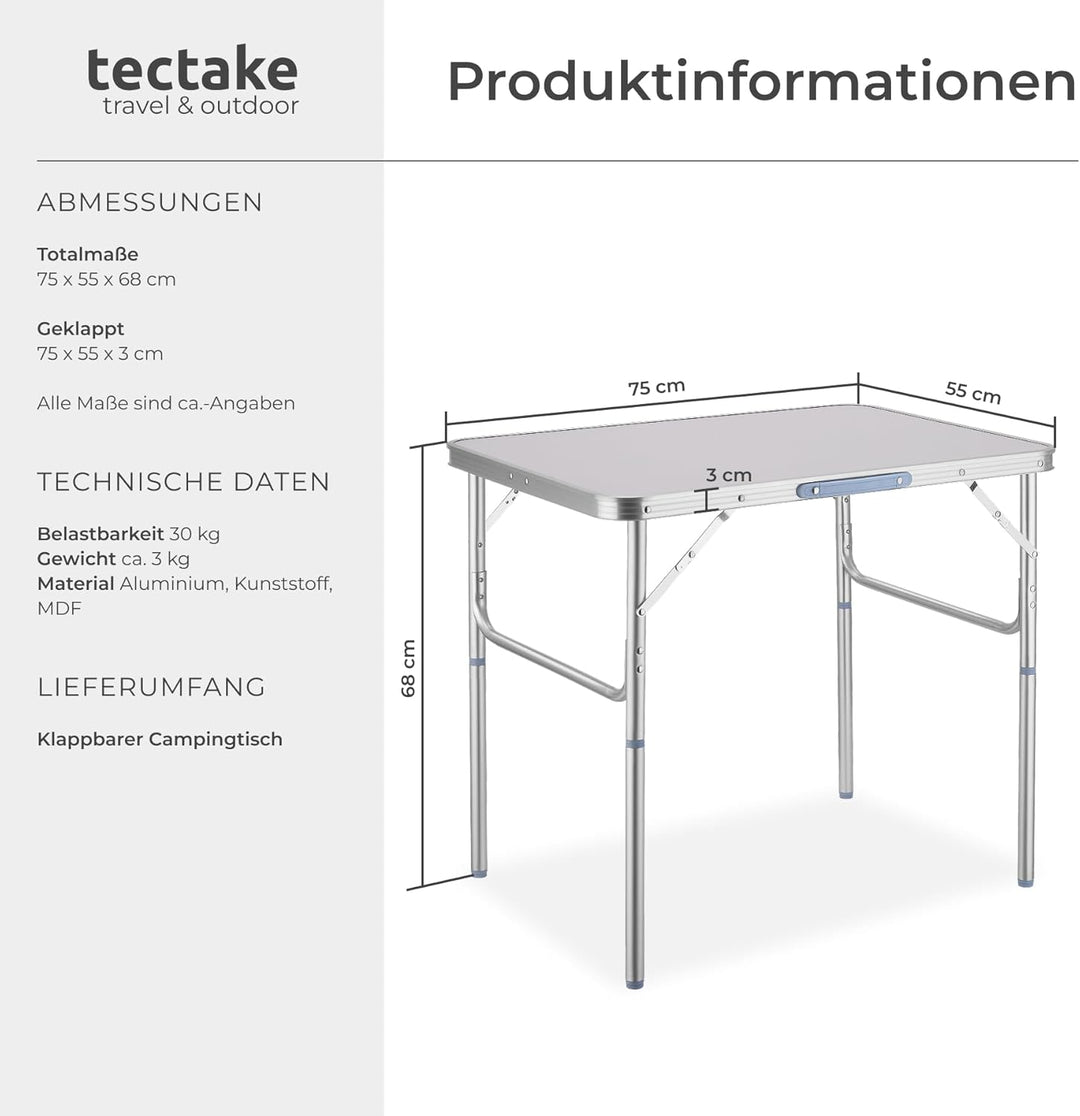 tectake® Klapptisch, Campingtisch klappbar, leicht und wetterfest, Alu Campingtisch mit Tragegriff,