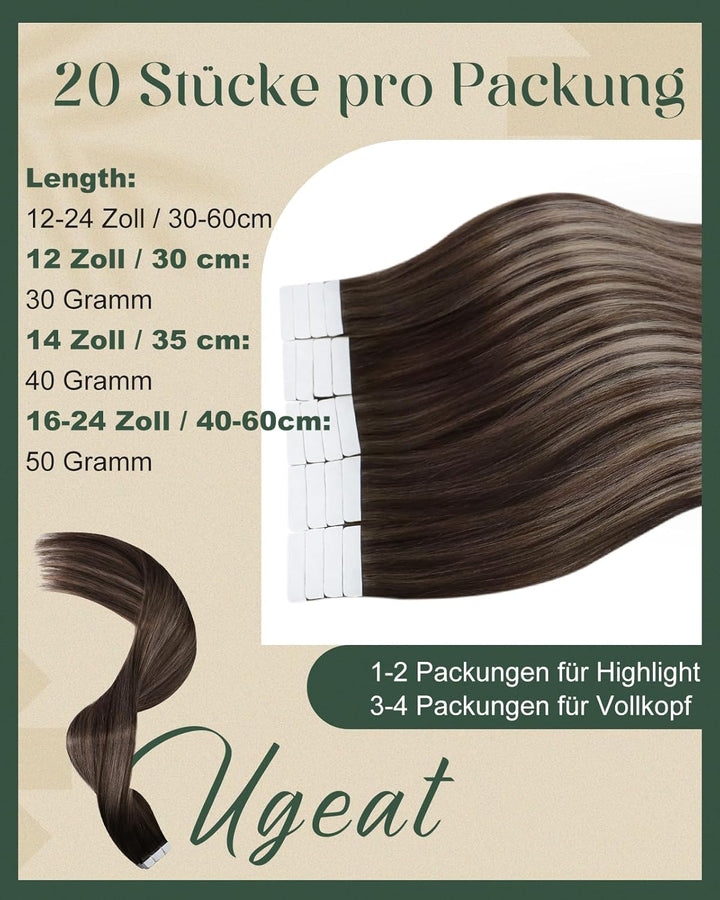Ugeat Tape Echthaar Extensions Dunkelbraun Balayage Invisible Tape Extensions Echthaar Aschblond Omb