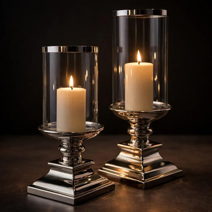 DRULINE Eckig und Rund Windlicht Kerzenständer Kerzenleuchter Silber Keramik (ECKIG Gross), ECKIG Gr