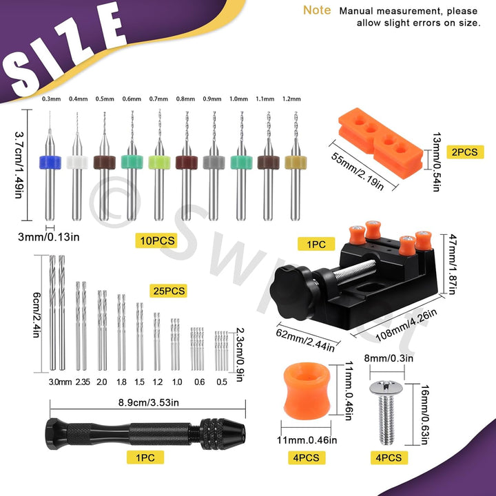 Swpeet 47 Pieces Hand Drill Bits Set Include Mini Bench Vice mit Klemmen, Pin Vise Handbohrer, Spira