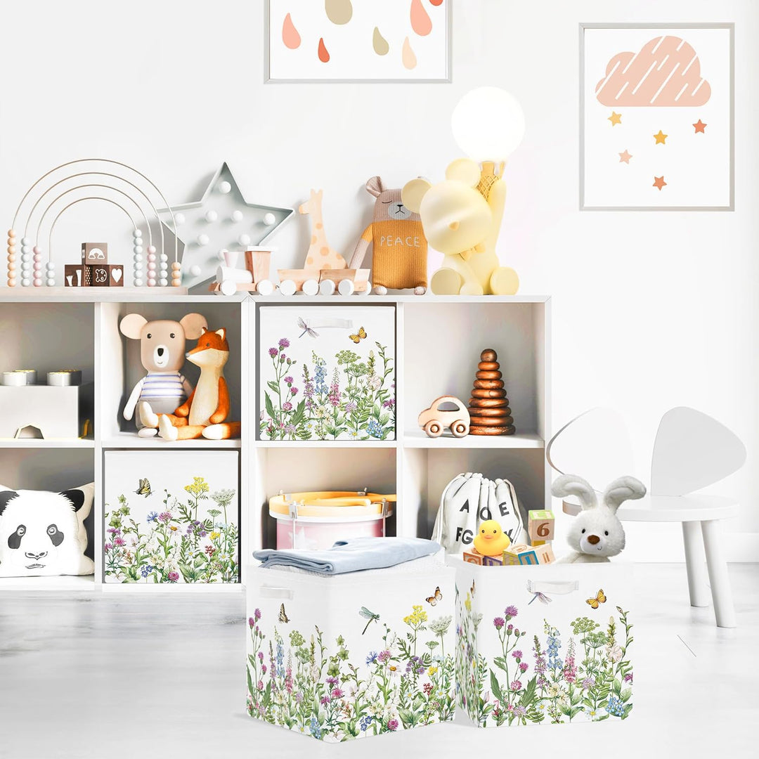 Clastyle 3 Stück Wildblumen Frauen Aufbewahrungsbox Stoff für Kallax Faltbar Aufbewahrungskorb Klein