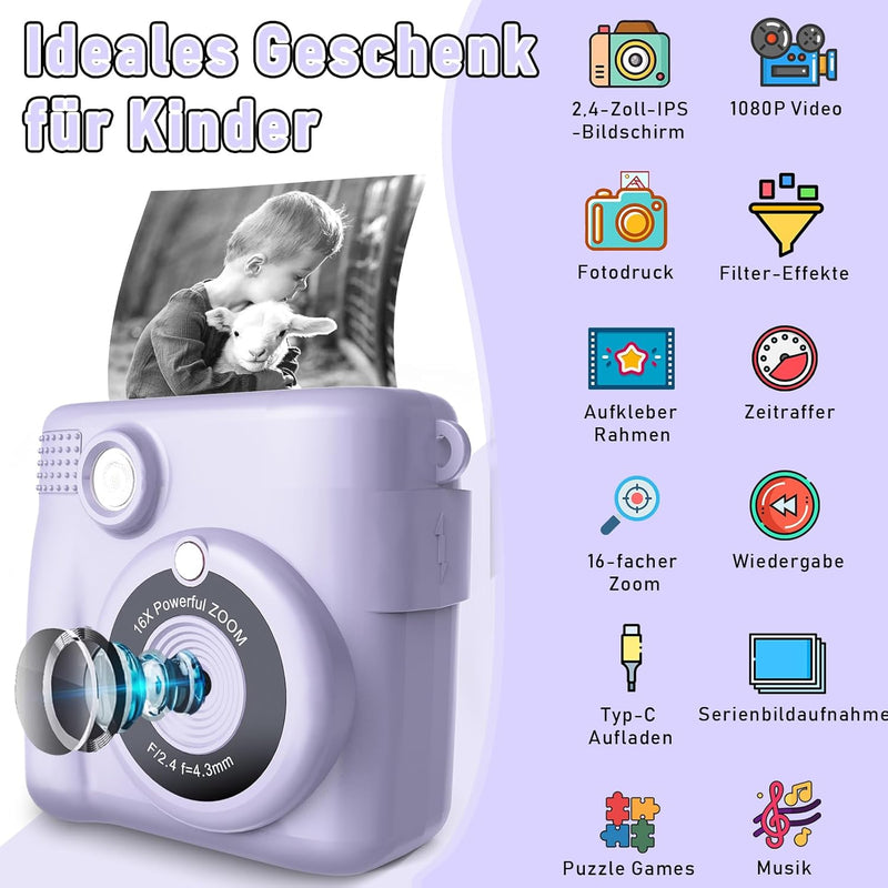 MILFECH Kinderkamera Sofortbildkamera, 1080P 2,4 Zoll Bildschirm DigitalKamera Kinder mit 5 Rollen D