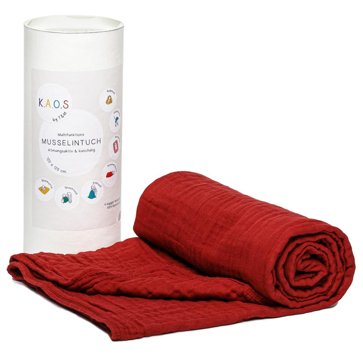 K.A.O.S by T&amp;M Premium Musselin Babydecke/Kuscheldecke/Musselintuch in Rot - Rotes Handtuch Geburt -